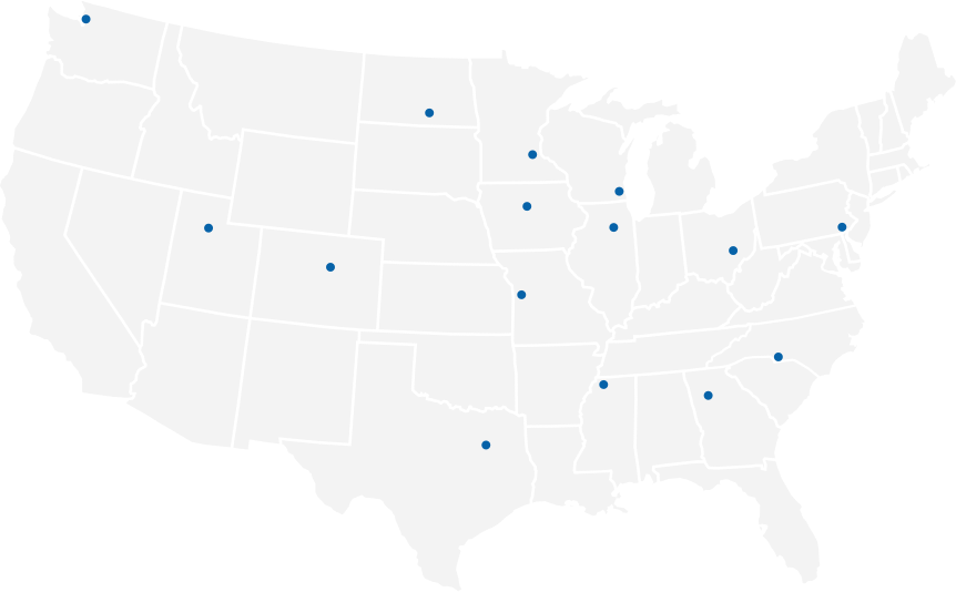 map of the United States with 15 service center locations denoted
